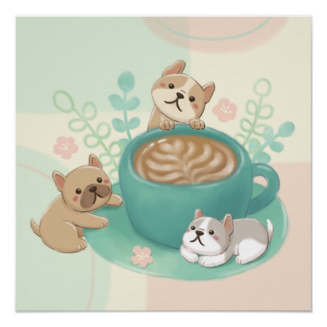 Cute Dogs & Coffee Illustration Poster (Front)