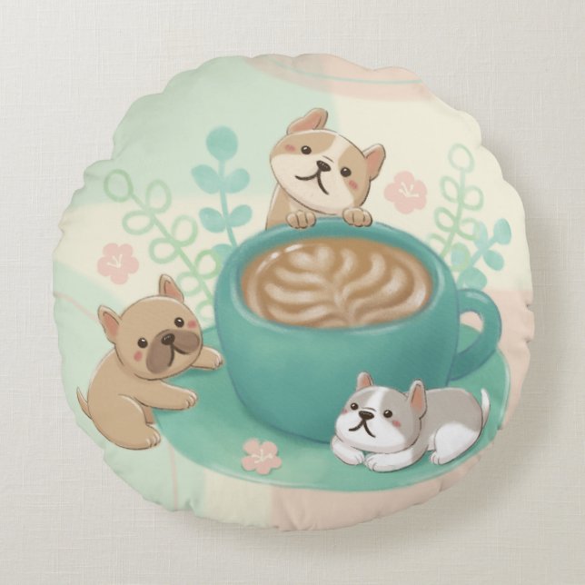 Cute Dogs & Coffee Illustration Round Cushion (Front)