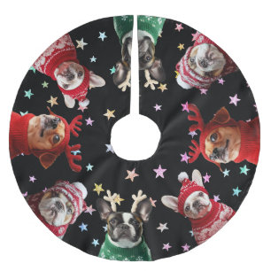 Cute Dogs Colourful Stars on Black Tree Skirt