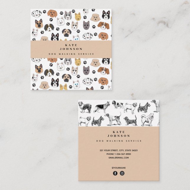 Cute Dogs Dog Walker Grooming Square Business Card (Front/Back)