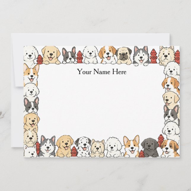 Cute Dogs & Fire Hydrants Framed Flat Notecard (Front)