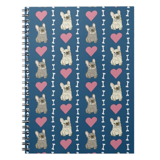 Cute dogs, Frenchie, hearts, and bones Notebook (Front)