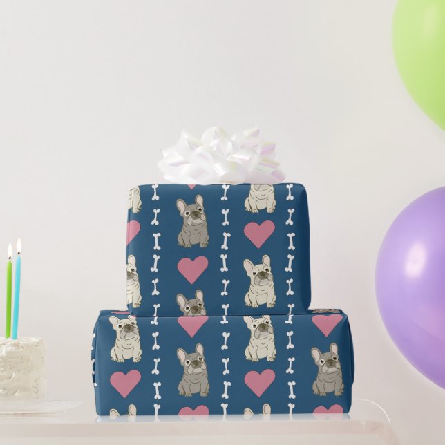 Cute dogs, Frenchie, hearts, and bones Wrapping Paper (Party Gifts)