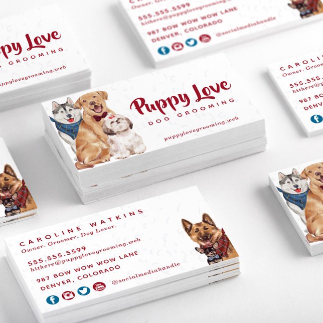 Cute Dogs Groomer Walker Sitter Business Card (Stacked Watercolor Dogs Dog Groomer Sitter Walker Business Card—Front & Back)