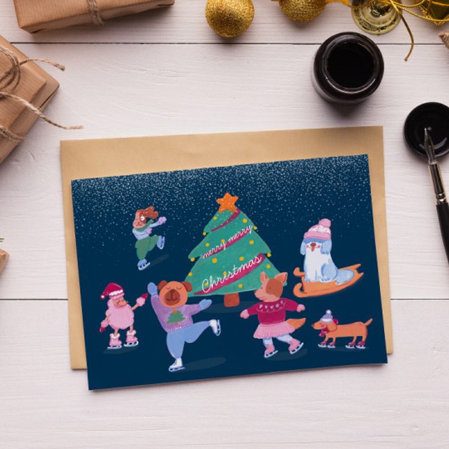 Cute Dogs Ice Skating Dark Blue Flat Holiday Card (Creator Uploaded)