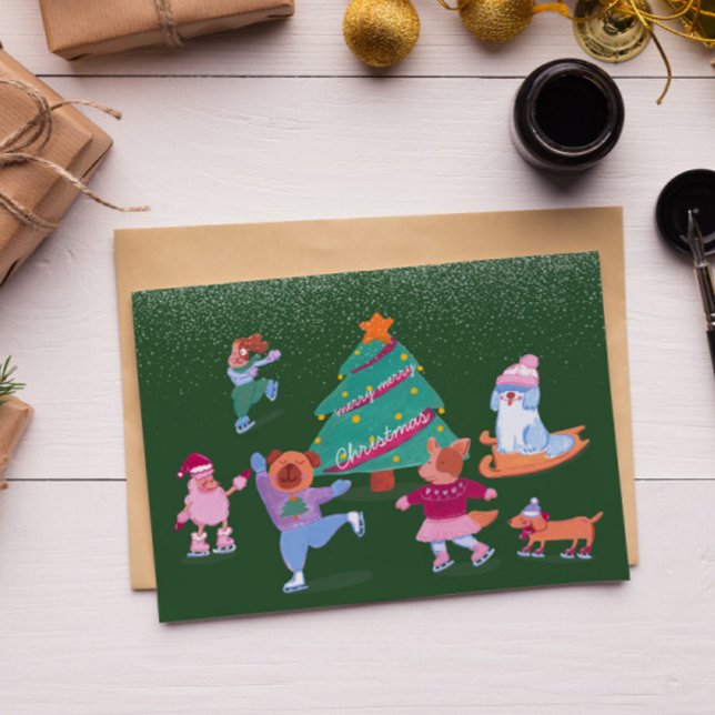 Cute Dogs Ice Skating Dark Green Flat Holiday Card (Creator Uploaded)