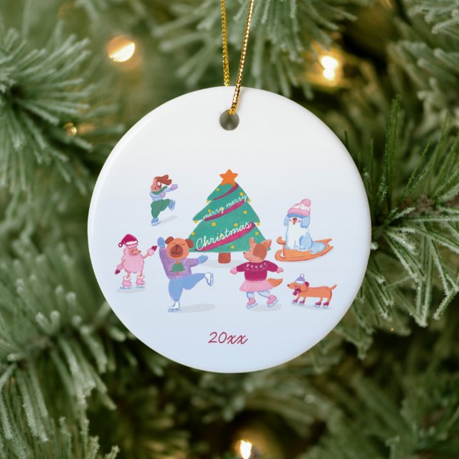 Cute Dogs Ice Skating soft blue Christmas Photo Ceramic Ornament (Tree)