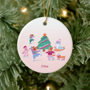 Cute Dogs Ice Skating soft pink Christmas Photo Ceramic Ornament