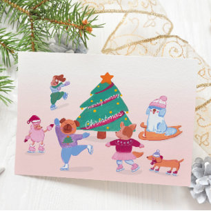 Cute Dogs Ice Skating soft pink Flat Holiday Card