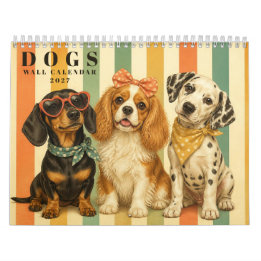 Cute Dogs in Retro Stripes, Colourful Pet Art Calendar