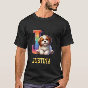 Cute Dogs Letter Justina Name Rainbow Dog T-Shirt