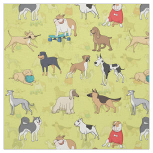 Cute Dogs Pattern Design Green Yellow Fabric