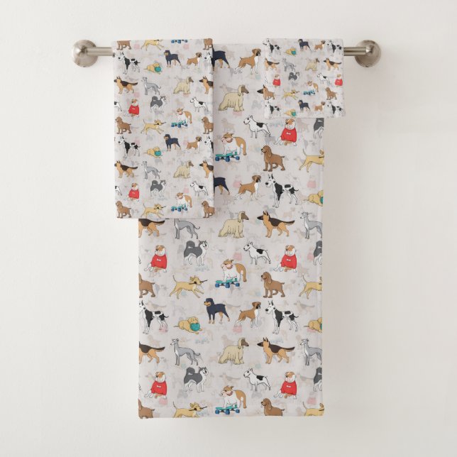 Cute Dogs Pattern Design White Bath Towel Set (Insitu)