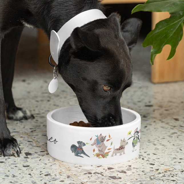 Cute Dogs Pattern Personalised Pet Food Bowl (Cute dogs pet custom name bowl)