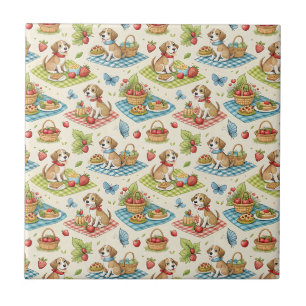 Cute Dogs Picnic Summer Art - Kids Cartoon Pattern Ceramic Tile