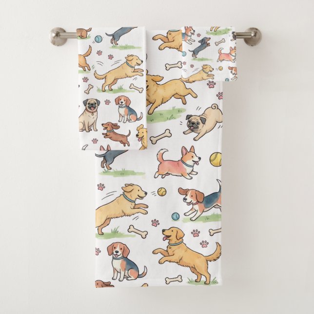 Cute Dogs Playing Everywhere Bath Towel Set (Insitu)