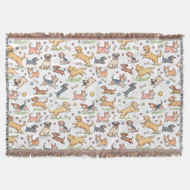 Cute Dogs Playing Everywhere Throw Blanket (Front)