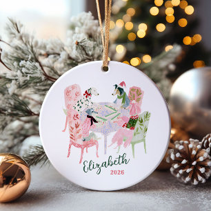 Cute Dogs Playing Mahjong at Christmas Ceramic Ornament