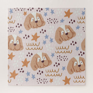 Cute dogs, stars, lines: vintage seamless jigsaw puzzle
