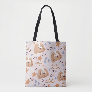 Cute dogs, stars, lines: vintage seamless tote bag