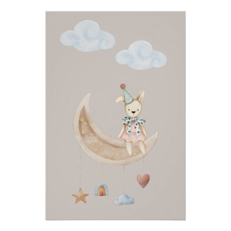 Cute Doll on Crescent Moon Illustration Poster