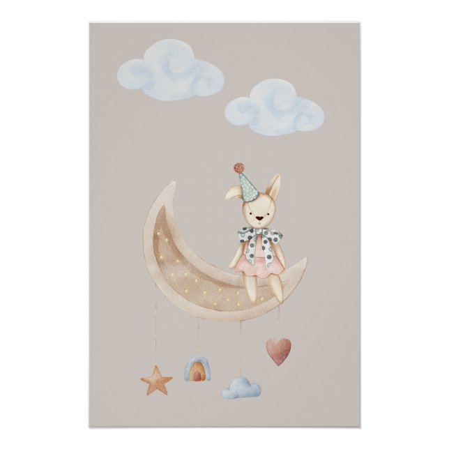 Cute Doll on Crescent Moon Illustration Poster (Front)