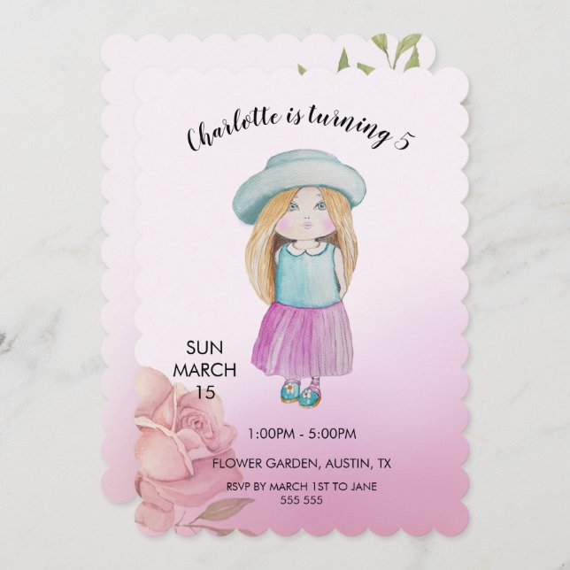 Cute Doll Watercolor Hand-painted Holiday Card (Front/Back)