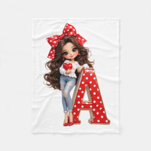 Cute Doll with Red Polka Dot Letter A Fleece Blank Blanket