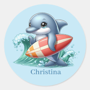 Cute dolphin add name surfing  classic round sticker