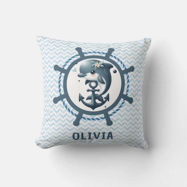 Cute Dolphin & Anchor inside Ship Wheel Nautical Cushion (Front)