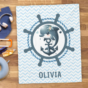 Cute Dolphin & Anchor inside Ship Wheel Nautical Fleece Blanket