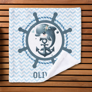 Cute Dolphin & Anchor inside Ship Wheel Nautical Wash Cloth