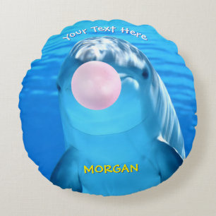 Cute Dolphin Blowing Bubble Gum, Name & Message Round Cushion