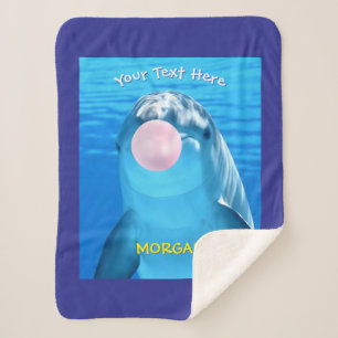 Cute Dolphin, Bubble Gum Bubble, Name/Message Blue Sherpa Blanket
