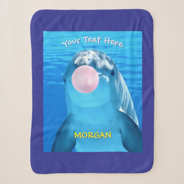 Cute Dolphin, Bubble Gum Bubble, Name/Message Blue Sherpa Blanket (Front)