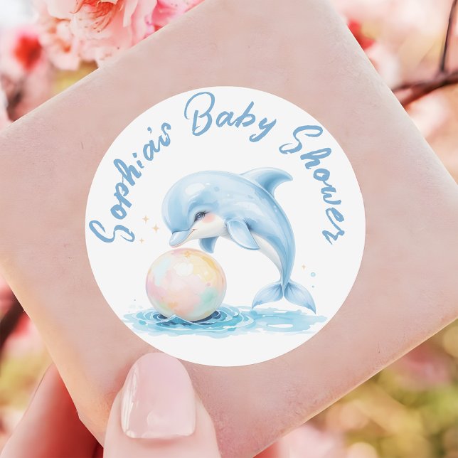 Cute Dolphin Dusty Blue Baby Shower Favour Classic Round Sticker (Creator Uploaded)