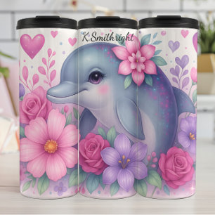 Cute Dolphin Flowers Hearts Sparkles Thermal Tumbler
