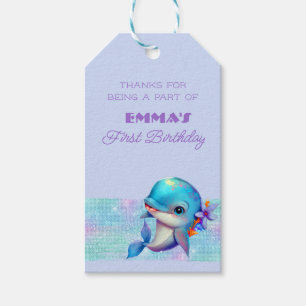 Cute Dolphin Iridescent 1st Birthday Favour Gift Tags