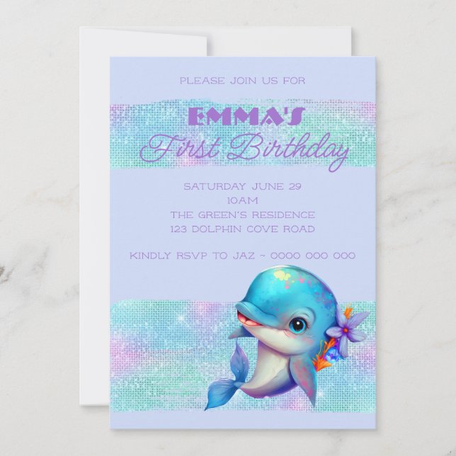Cute Dolphin Iridescent 1st Birthday Invitation (Front)