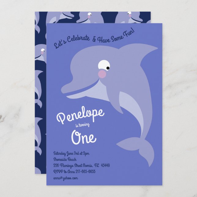Cute Dolphin Kids 1st Birthday Party Invitation (Front/Back)