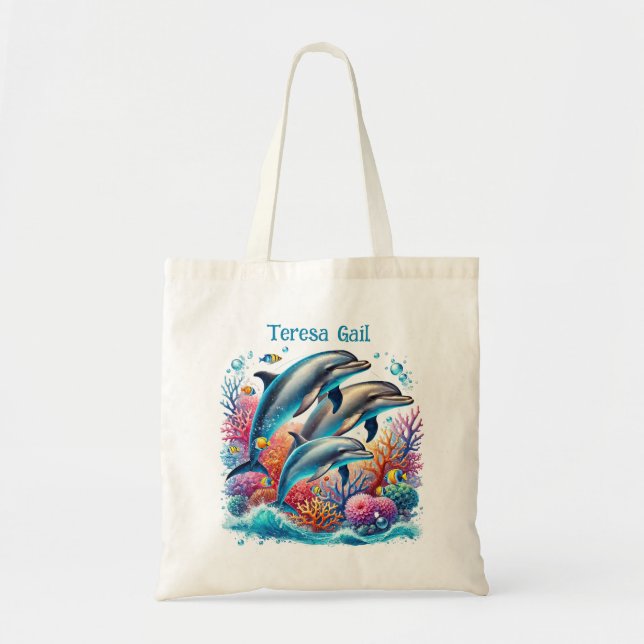 Cute dolphin lovers add name  tote bag (Front)
