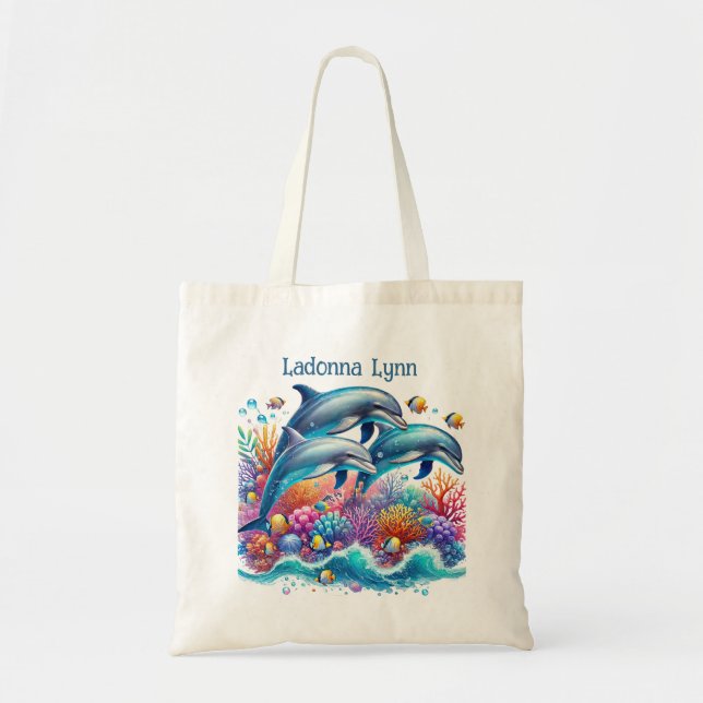 Cute dolphin lovers add name tote bag (Front)