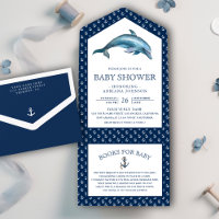 Cute Dolphin Nautical Navy Blue Baby Shower