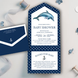 Cute Dolphin Nautical Navy Blue Baby Shower All In One Invitation