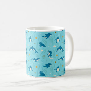 Cute Dolphin Pattern Cartoon Style in Blue Coffee Mug