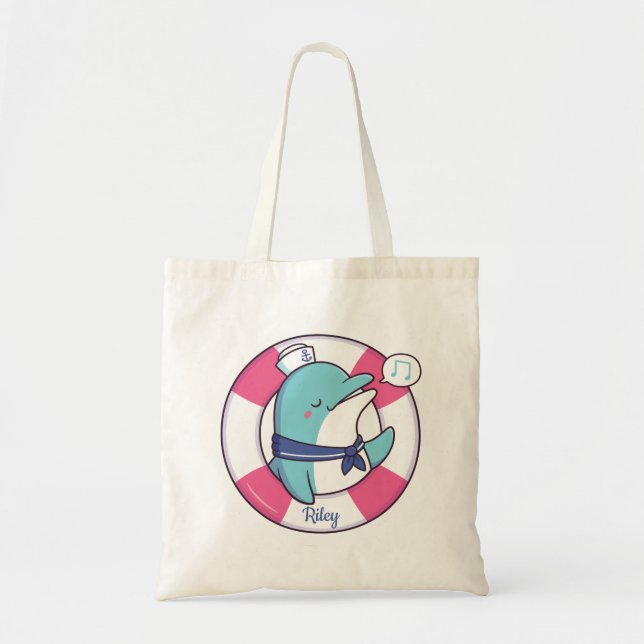 Cute Dolphin Sailor With Life Buoy Tote Bag (Front)