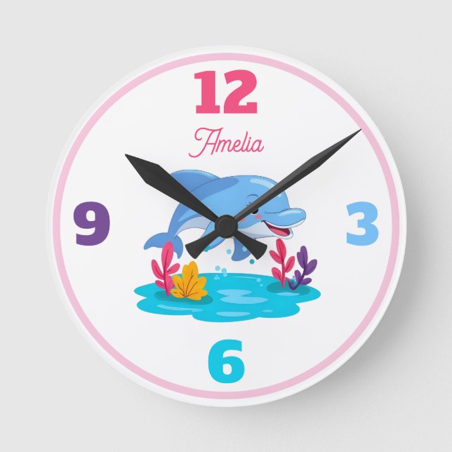 Cute Dolphin Sea Animal Girl Name Round Clock (Front)