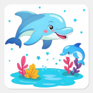 Cute Dolphin Sea Animals Birthday Party Square Sticker