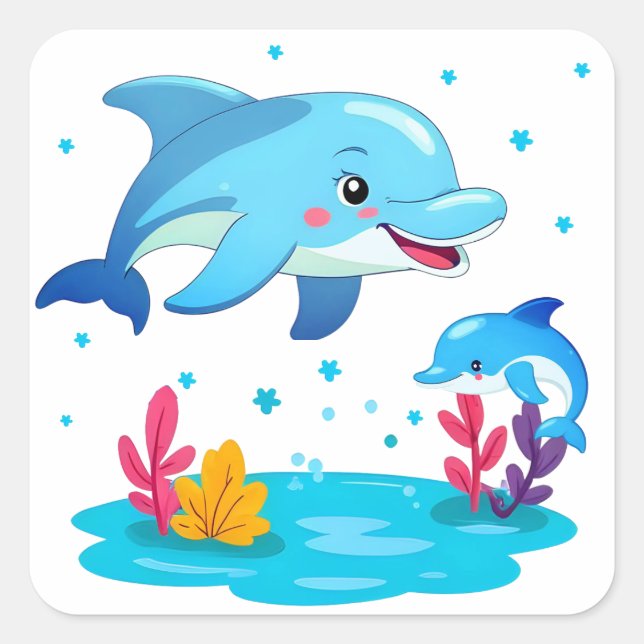 Cute Dolphin Sea Animals Birthday Party Square Sticker (Front)