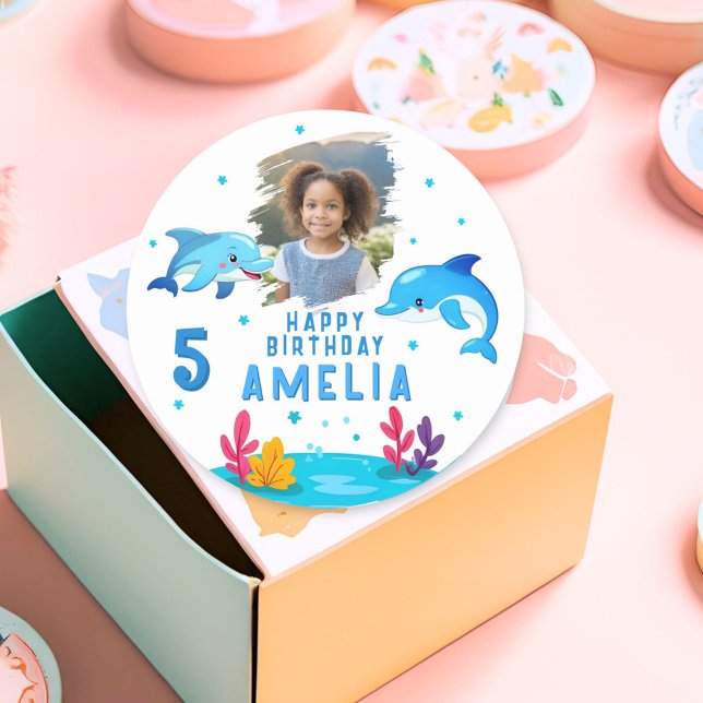Cute Dolphin Sea Animals Photo Birthday  Classic Round Sticker (Creator Uploaded)